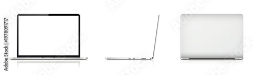 Laptop with blank screen front view, side and rear views