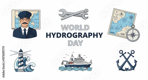 Infographic celebrating World Hydrography Day featuring nautical icons a captain a ship and navigation tools