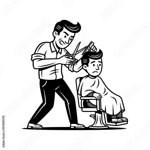 Barber cutting hair of a young boy.