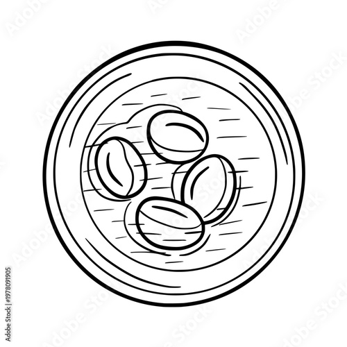 A sketch illustration of olives in a plate full of olive oil. Traditional cuisine, healthy eating, culinary, kitchen designs. Hand-drawn vector