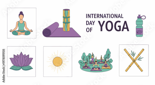 International Day of Yoga illustration with people in poses yoga mats lotus flower sun icon and bamboo sticks