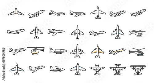 Collection of various airplane and helicopter icons.