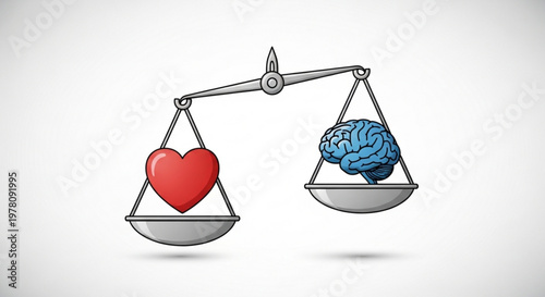 Heart and brain balanced on scales symbolizing emotions versus logic in decision making and mental health