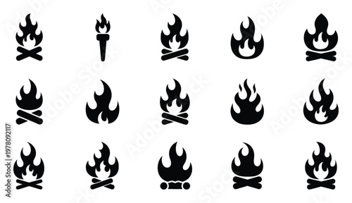 Diverse collection of stylized fire icons and campfire symbols for various applications including outdoor adventure themes emergency warnings and digital interface design projects