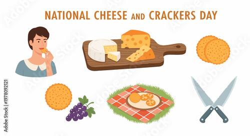 National Cheese and Crackers Day graphic with cheese assortments crackers grapes picnic items and a person eating
