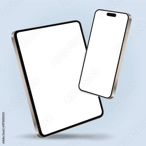 Realistic smartphone with tablet blank screen while levitating in the air on a blue background