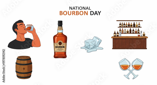 National Bourbon Day graphic featuring a man drinking a bourbon bottle ice a bar a wooden barrel and two glasses