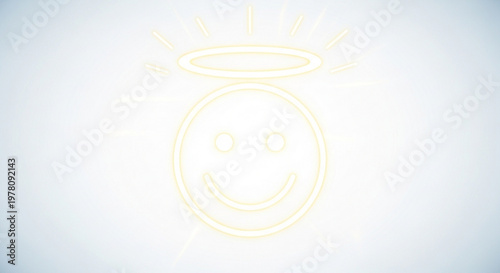 Smiling face with halo and rays on white background symbolizing happiness and innocence in a simple graphic style