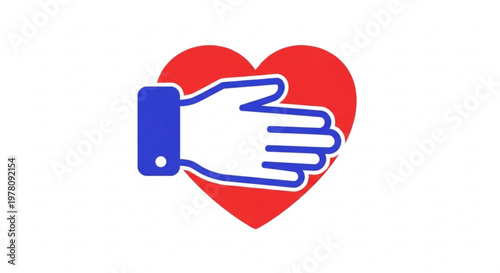 Hand with blue outline giving red heart symbol love and care gesture on white background