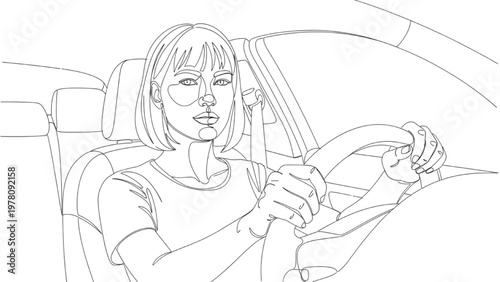 Woman Driving Car Line Art – Female Driver Portrait Inside Vehicle Transportation Lifestyle Illustration