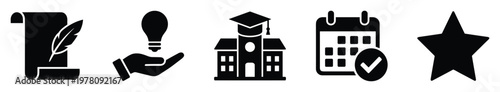 Collection of educational and success themed icons featuring a scroll, lightbulb, university building, calendar, and star for various conceptual applications