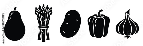 Set of various organic farm fresh produce including avocado asparagus potato bell pepper and garlic glyphs suitable for grocery store packaging and cooking recipe applications