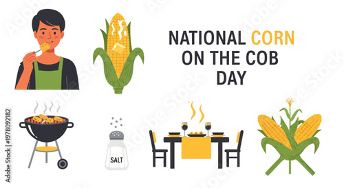 National Corn on the Cob Day graphic featuring illustrations of a person eating corn grilled corn salt a dining table and corn stalks