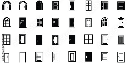 Door Icon Set Featuring Open, Closed and Ajar Door Symbols with Login, Logout, Register, Password, Key, Lock, Exit and VIP Entrance Icons, Editable Stroke Vector Illustration