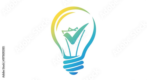 Creative light bulb icon with green checkmark and colorful gradient on white background for innovation concepts