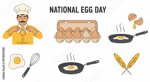 National Egg Day illustration set featuring a chef egg carton frying pans whisk and feathers