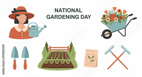 National Gardening Day illustration with a woman garden tools seed packet wheelbarrow and small vegetable patch