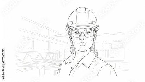 Confident Female Engineer Portrait Line Art – Industrial Construction Worker Safety Helmet Professional Illustration