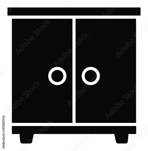 Simple black silhouette of a two door cabinet or wardrobe with circular handles representing household furniture for interior design application icons and storage concepts