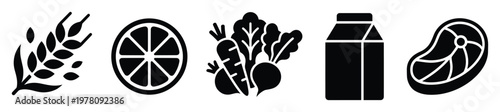 Essential food groups black silhouette icons representing grain, fruit, vegetables, dairy, and meat, perfect for nutrition guides, grocery applications, and healthy lifestyle advertisements.