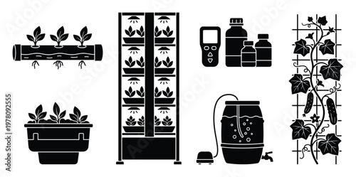 Comprehensive hydroponics gardening equipment set featuring vertical farm, nutrient solutions, and plant cultivation systems for modern indoor farming
