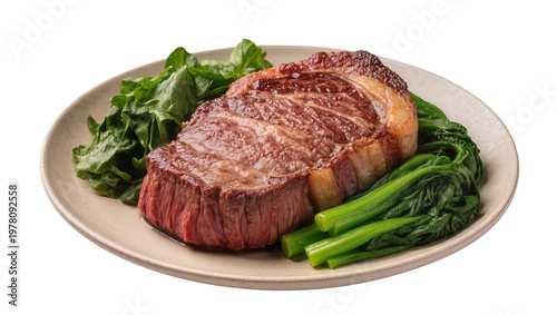Grilled marbled steak with bok choy and spinach on ceramic plate