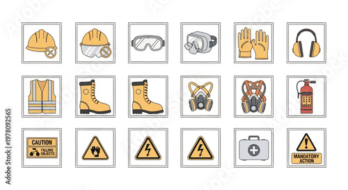 Safety signs and protective equipment icons.