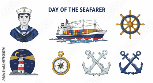 Nautical illustrations featuring a sailor cargo ship helm lighthouse compass and crossed anchors
