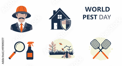 Pest control icons featuring a professional a protected house tools insects and fly swatters for World Pest Day
