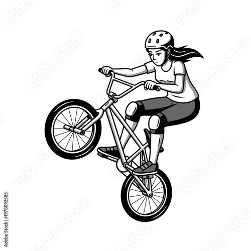 Young Woman Performing BMX Bicycle Stunt.