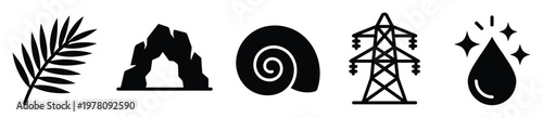 Collection of natural resource and energy related glyph icons featuring a palm leaf rock formation spiral shell electricity pylon and sparkling clean water drop for environmental