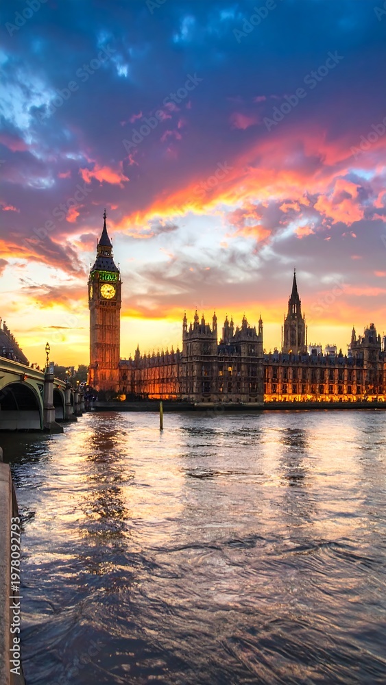 Fototapeta premium A vibrant sunset over a river with a clock tower