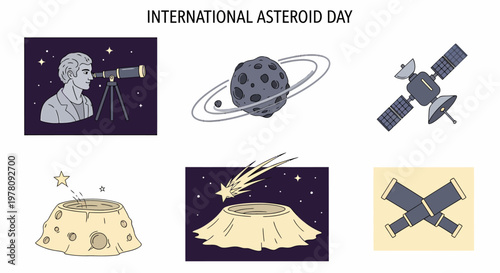 Six individual graphic illustrations representing space and astronomy elements for International Asteroid Day