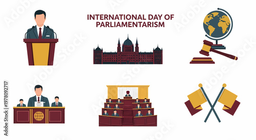 Six icons representing parliamentarism with speakers a legislature building globe with gavel and crossed flags