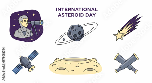 Spacethemed icons for International Asteroid Day featuring an astronomer satellite crater and shooting star