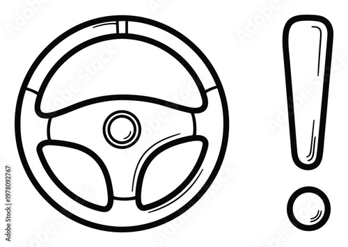 Steering wheel and exclamation mark line drawing perfect for conveying automotive safety warnings driving danger alerts or car trouble indications in informational materials or vehicle