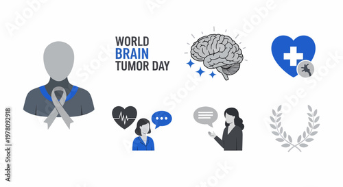 World Brain Tumor Day illustration featuring a brain grey awareness ribbon medical icons and human silhouettes