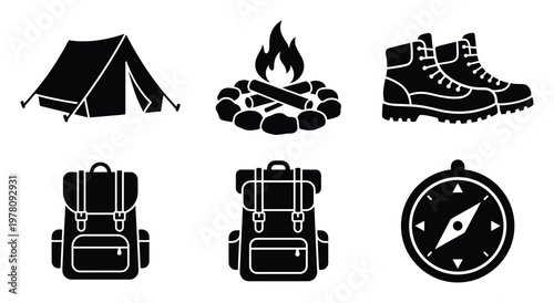 Classic outdoor adventure and camping equipment icons for travel, hiking, and exploration, perfect for website graphics, mobile application interfaces, and informational brochures