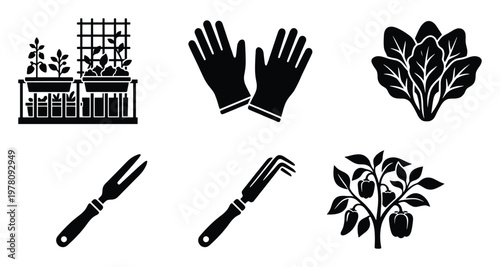 Comprehensive collection of black silhouette gardening icons illustrating various garden tools planted vegetables leafy greens and a balcony garden for horticulture and sustainable living