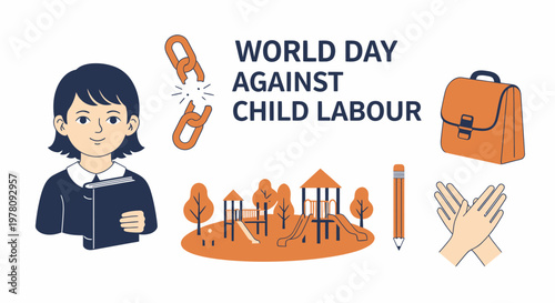 World Day Against Child Labour illustration with a schoolgirl broken chain school bag and playground
