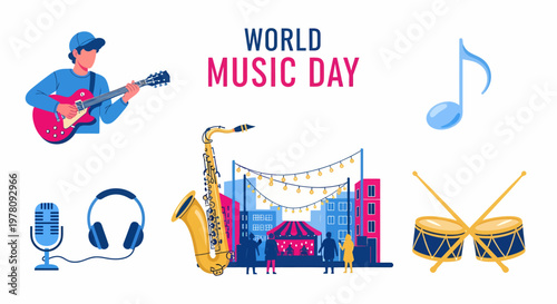 Vibrant World Music Day graphic with a guitarist saxophone drums microphone headphones and a festive city concert