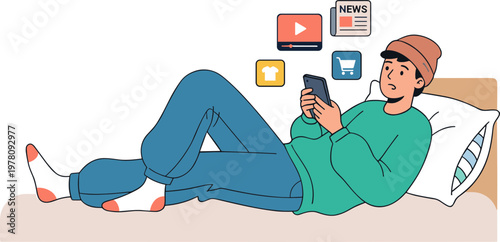 Man lying on bed relaxing and browsing phone with social media icons floating above