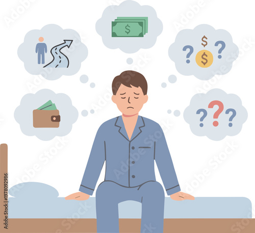 Man sitting on bed worried about money and financial problems