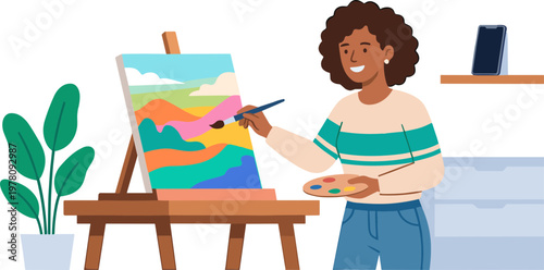 A woman paints a vibrant landscape on canvas in a cozy indoor setting with an easel and potted plant nearby.