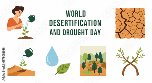 World Desertification and Drought Day icons including tree planting water droplets cracked earth and reforestation