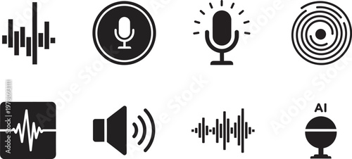 Collection of black audio and sound icons representing voice recording broadcasting and signal processing technologies