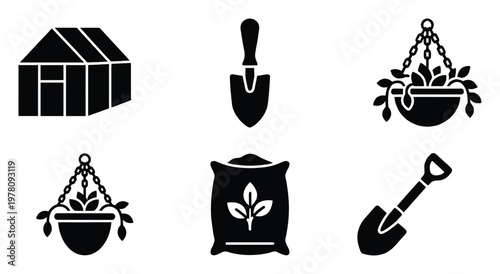 Collection of gardening and horticulture equipment silhouettes including a greenhouse, hand trowel, hanging plant pot, fertilizer bag, and shovel useful for web icons, mobile apps, or