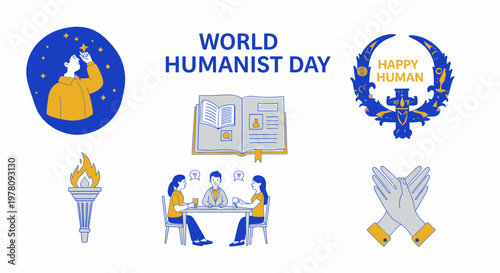 World Humanist Day poster with symbols of a torch open book crossed hands and people engaged in dialogue