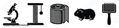 Essential black glyph icons featuring a laboratory microscope, cat scratching post, rolled mesh, guinea pig, and pet brush, suitable for educational, veterinary, or retail product