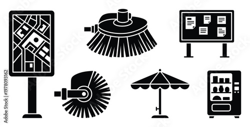 Diverse collection of city services and urban amenity icons featuring street maps sweeping brushes public notice boards outdoor parasols and vending machines ideal for various graphic